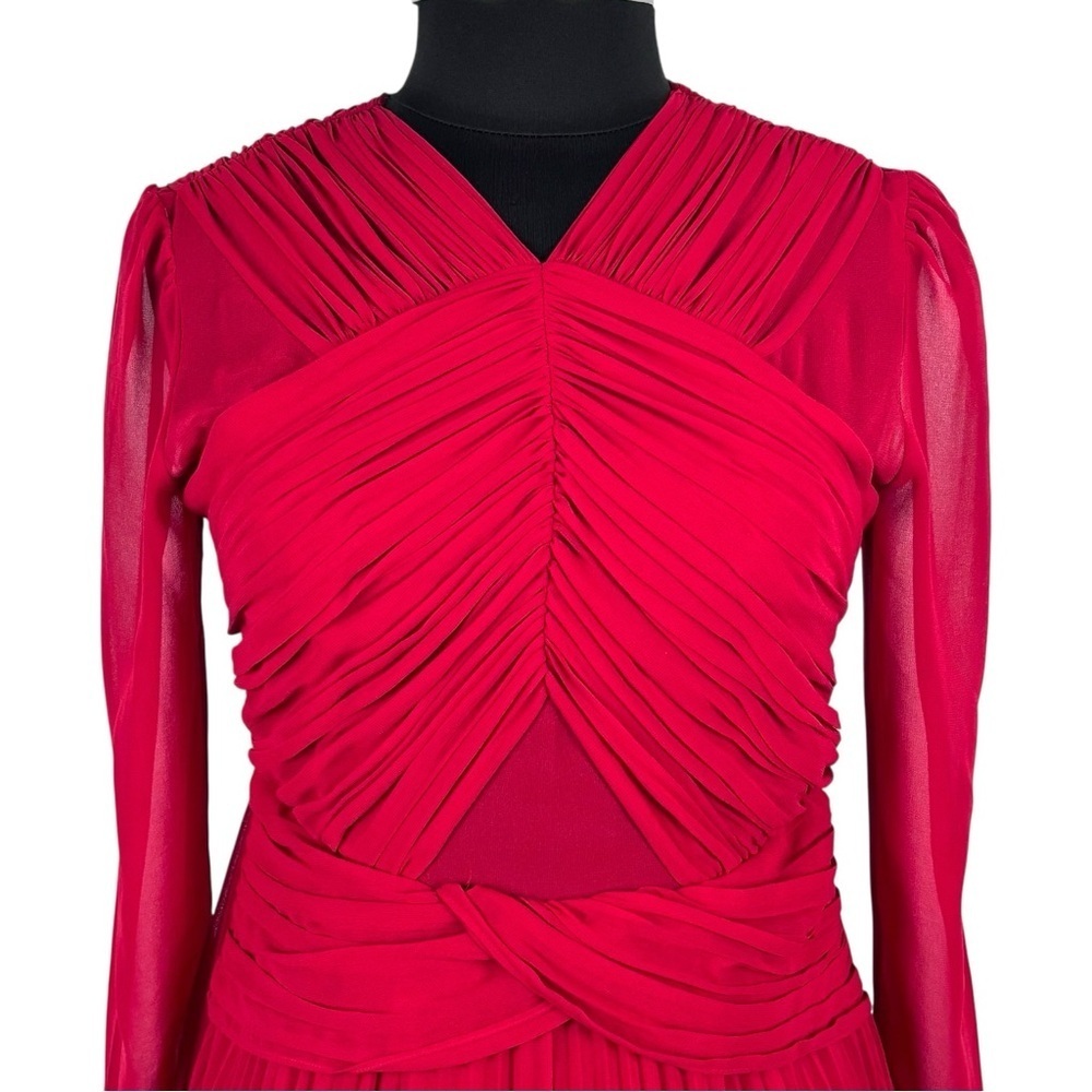 SELF PORTRAIT DARK RED CROSS FRONT LONG SLEEVE PLEATED SKIRT LACE MIDI DRESS - Picture 13 of 15